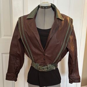 Vintage Chocolate Brown and Green Leather Jacket w Belt 80’s